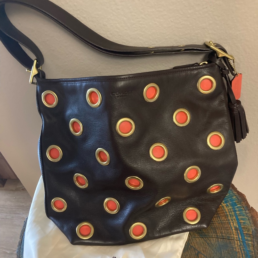 Coach Black Shoulder Bag with Orange and Yellow Circles
